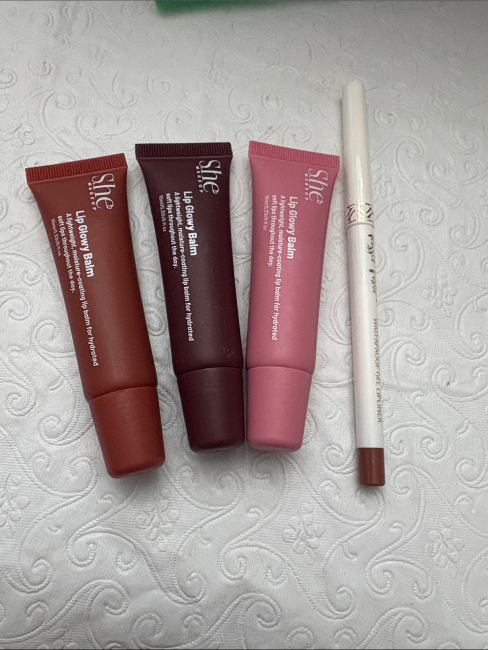 She- Lip Glowy Balm Trio with Lip Liner — Pink, Mauve, Brick